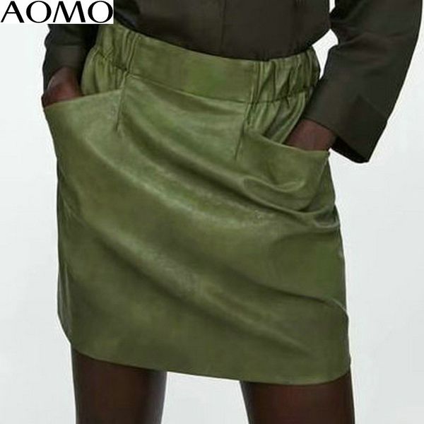 

aomo women leather skirt pocket 2018 autumn green mini skirt retro ladies high waist pencil korean style hy149, Black
