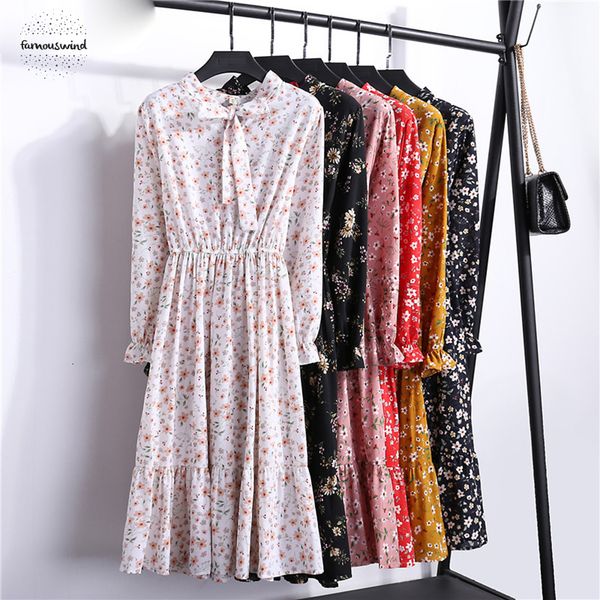 

chiffon flower bohemian dresses elastic waist summer dress bow a line women full sleeve high print floral autumn slim feminino, Black;gray