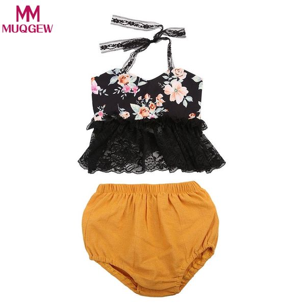 

2pcs toddler baby girl clothes newborn girl clothes lace halter flowers shirt + briefs shorts outfit babykleding meisjes, White