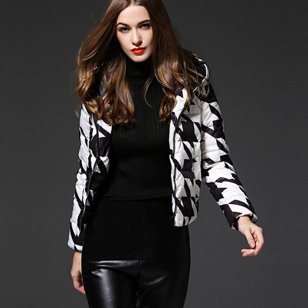 

short down coat jacket women thin 2019 new women's winter spring houndstooth print white duck down ladies jacket hooded, Black