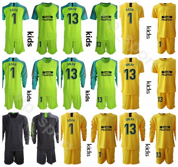 

youth goalie goalkeeper gk soccer jersey set 2020 kids 13 jan oblak 1 antonio adan 1 miguel angel moya football shirt kits mj, Black