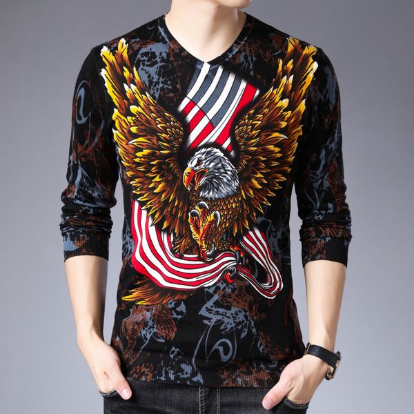 

eagle print male kniteed sweater party prom male outfit pullover masculino mens knitwear clothes sueter hombre 3xl, White;black