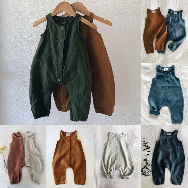 

Newborn Baby Boy Girl Cotton Linen Romper Solid Sleeveless Striped Jumpsuit Outfit Summer Casual Clothes 0-24M