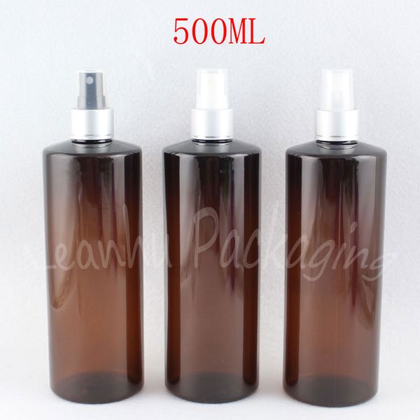 500 ml braune Plastikflasche mit flacher Schulter und silberner Sprühpumpe, 500 cc Make-up-Unterabfüllung, Wasser-/Toner-Verpackungsflasche