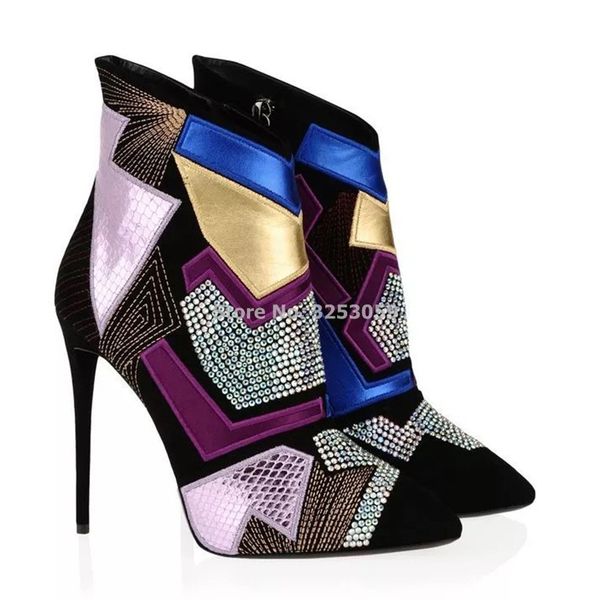 

almudena brand multi-color bling bling crystal ankle boots colorized stitch embroidery patchwork short boots gladiator, Black