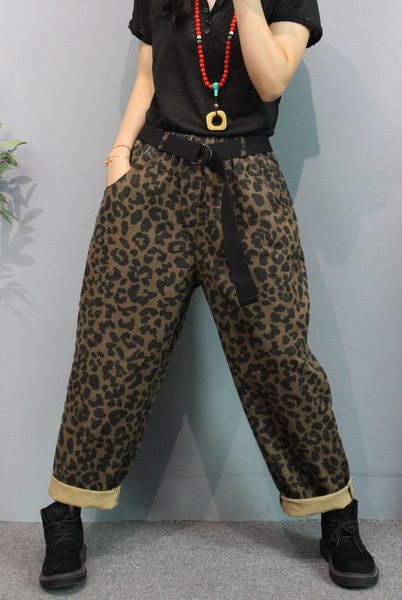 

leopard grain jeans women denim elastic waist pattern loose fashion vintage casual cross-pants wild autumn female jeans, Blue