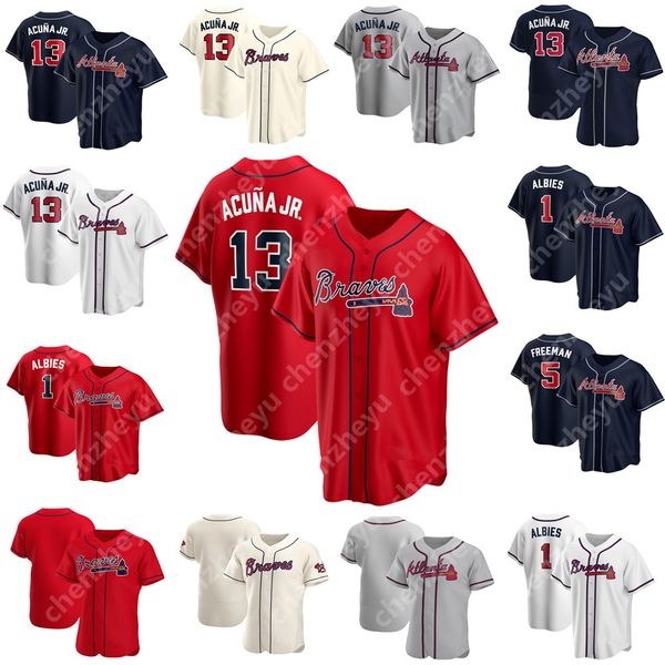 

2020 new jersey 1 ozzie albies jerseys 13 ronald acuna jr. ender inciarte julio teheran hank aaron eddie matthews tyler flowers jersey, Blue;black