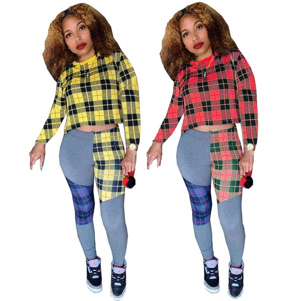 

women plaid panelled tracksuit hoodie long sleeve patchwork pullover pants leggings trousers two pieces set outfits suit ljja3176, Gray