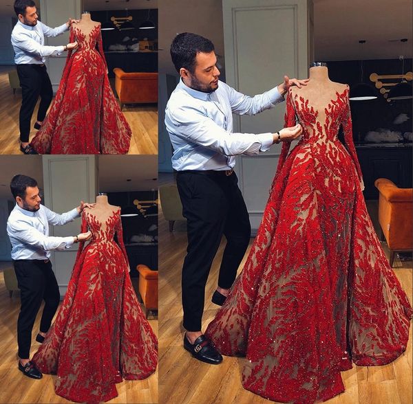 

Gorgeous Long Sleeve Red Mermaid Evening Dresses With Detachable Train 2019 Prom Dress Formal Evening Gowns robe de soiree Abendkleider