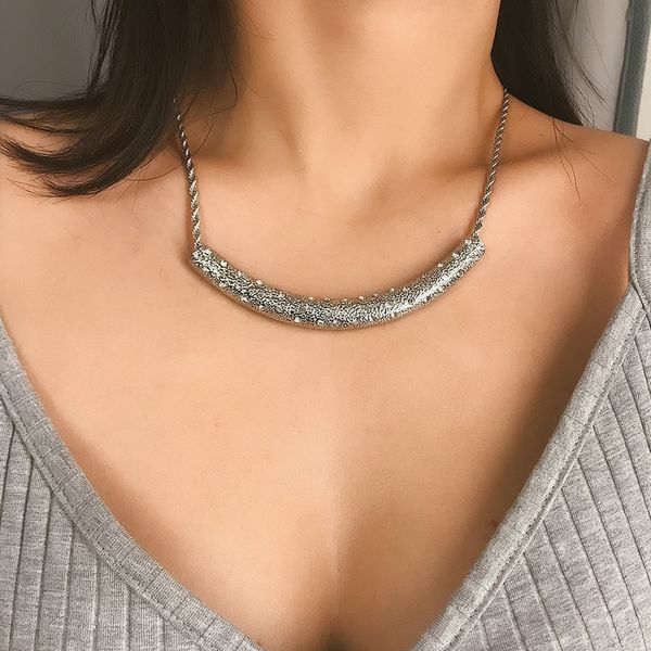 

diezi vintage punk exaggerated link chain necklace female metal chain geometric personality rhinestone necklace 2019 new jewelry, Silver