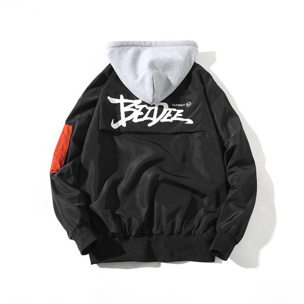 

new autumn winter men letter patch printing windbreaker hooded jacket coat male fashion hip hop streetwear thin bomber jacket, Black;brown