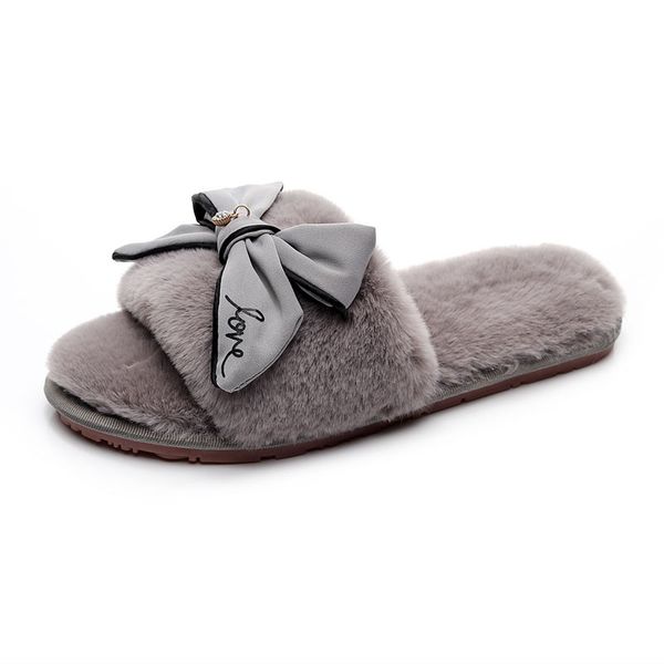 

new bow 2019 women shoes women slippers autumn and winter cute plush word wool slippers home open cotton, Black