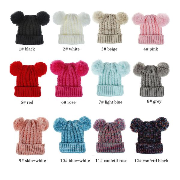 

autumn winter baby boys girls faux fur pompom hat female warm cap knitted beanie girl double ball pom pom hats, Yellow