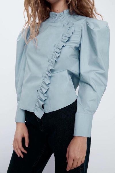 

women frill details stand neck blue long sleeve shirt, White