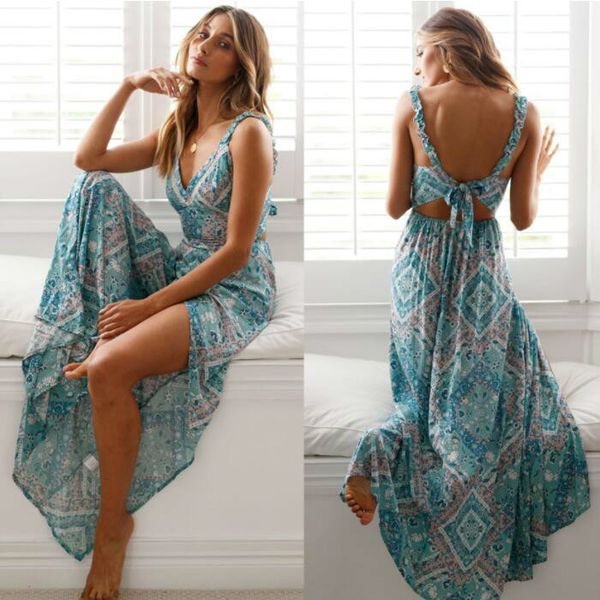 

женщины sexy backless платье 2019 лето bohemian цветочного принта длинных платьев femal v шея vestidos плюс размер lady повседневная одежда, Black;pink