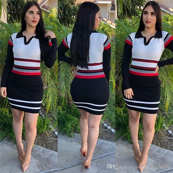 

striped print womens designer dress lapel neck long sleeve womens knit dresses panelled ladies casual dress, Black;gray