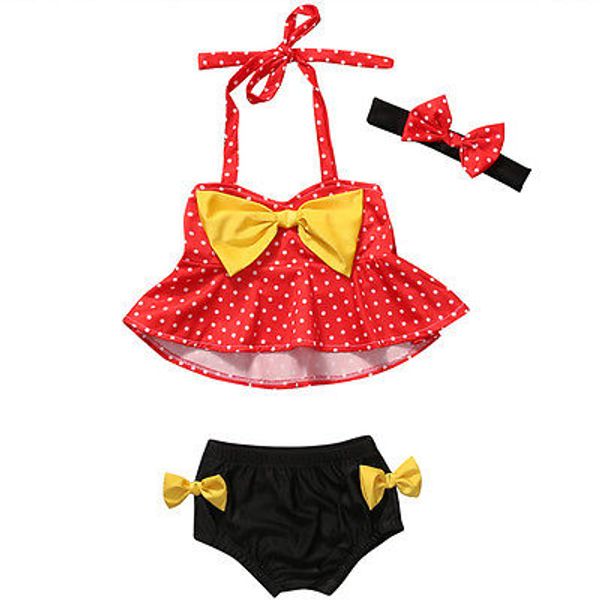 

2017 summer kid baby girls 1-4y tankini bikini set swimwear dot print bow swimsuit bathing suit beachwear+headband 3pcs