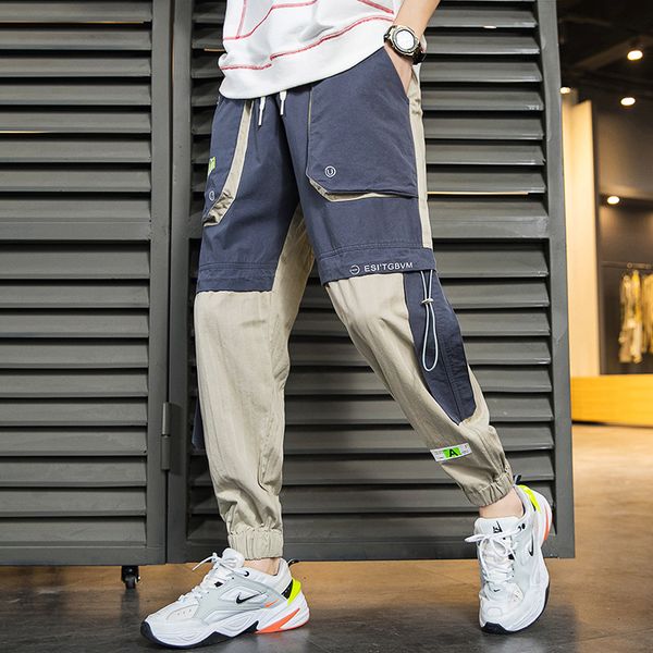 

streewear joggers men 2020 spring cotton casual men pants patchwork slim ankle-length trousers, Black