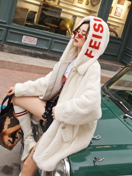 

arlene sain imported velvet letter printed loose whole mink coat female young fashion mid-length, Black
