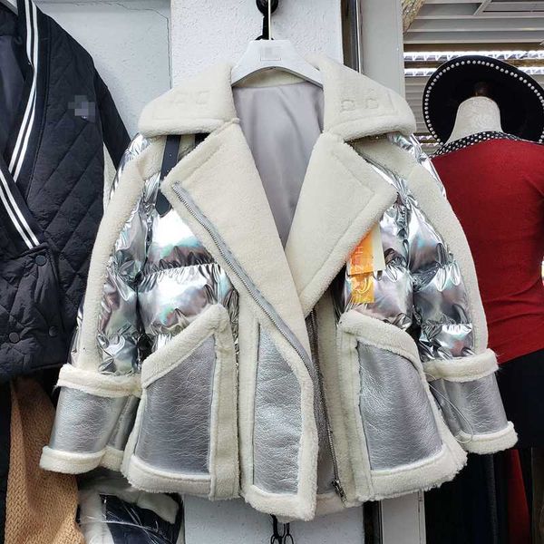 

european design winter lapel bright silver coat pockets warm women zipper fur splice leather long sleeve warm coat, Black