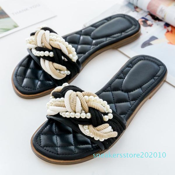 

jawakye black real leather slipper woman open toe pearl flowers flat slides women fashion beach sandals 2018 s10