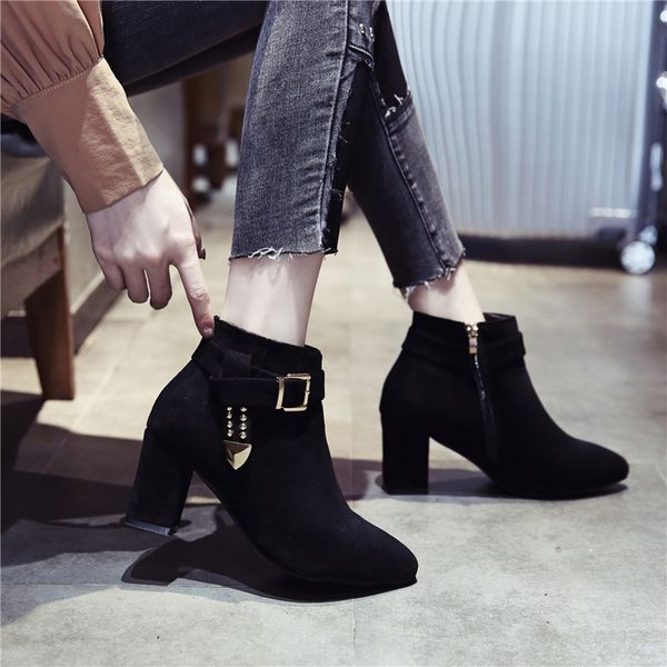 

lady boots chunky heel brand women's shoes bootee woman 2019 zipper ladies high heel fashion rock pointy rubber ankle autumn, Black