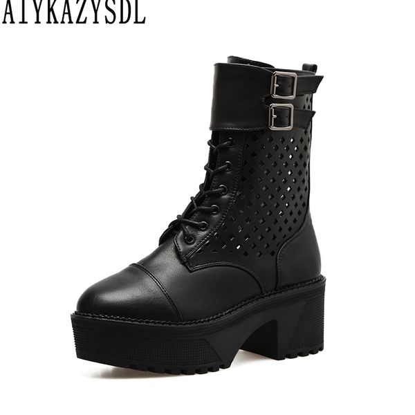

aiykazysdl 2018 women motorcycle boots biker shoes platform thick block high heels knight ridding bootie cut out gladiator shoes, Black