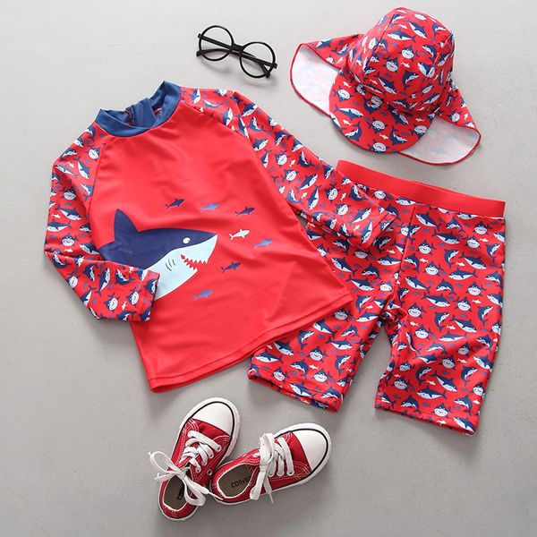

2019 summer boys cartoon swimsuits fashion kids shark pattern beach swimming children long sleeve swimwear with hat 3pcs sets y1342, Blue