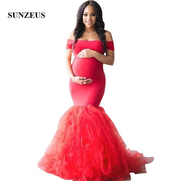 

red mermaid evening gowns off shoulder boat neck pregnant formal dress long maternity party robe, White;black