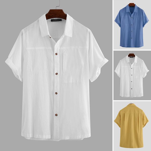 

men's casual shirts men short sleeve turn down collar solid color shirt man button chic blouse cotton breathable camisa plus size, White;black