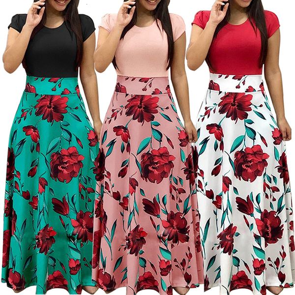 

maxi polyester boho summer dress women short sleeve print long dress feminine summer beach floral dresses vestidos designer clothes, Black;gray