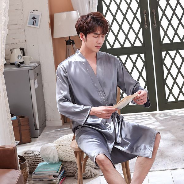 

mens robe kimono l-3xl solid pyjama loose rayon bathrobe soft sleepwear spring lounge gown lntiamte lingerie belt homewear, Black;brown