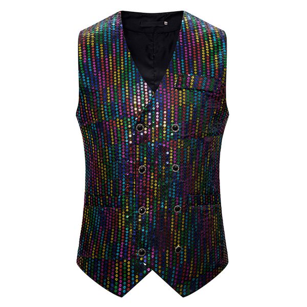 

mens double breasted suit vest chaleco hombre 2019 fashion shiny colorful sequins vest waistcoat men wedding gilet homme costume, Black;white