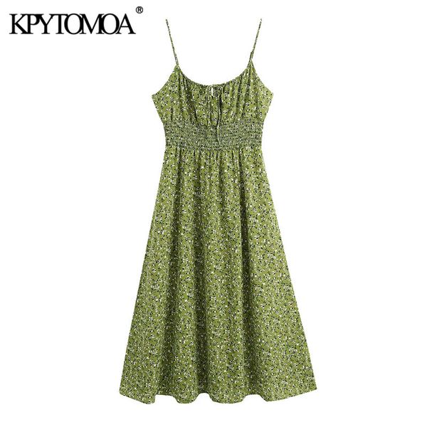 

kpytomoa women 2020 chic fashion floral print pleated midi dress vintage tied v neck spaghetti strap female dresses vestidos, Black;gray