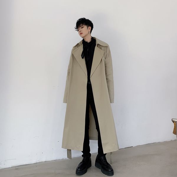 

2020 spring and autumn new simple temperament classic lapel mid-length windbreaker fashion casual solid color khaki / black, Tan;black