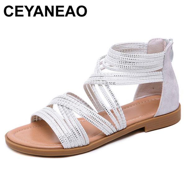 

ceyaneao women shoes sandals new women summer sandals plus size 42 leather flat female flip flop casual beach shoes, Black