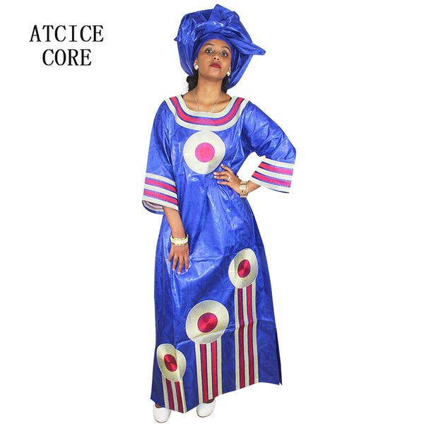 

african long dresses bazin riche material 100% cotton printed material embroidery design dress la074#, Red