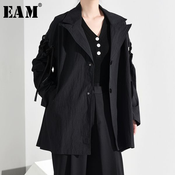 

eam] women back printed big size trench new lapel long sleeve loose fit windbreaker fashion tide autumn winter 2019 1a31201, Tan;black