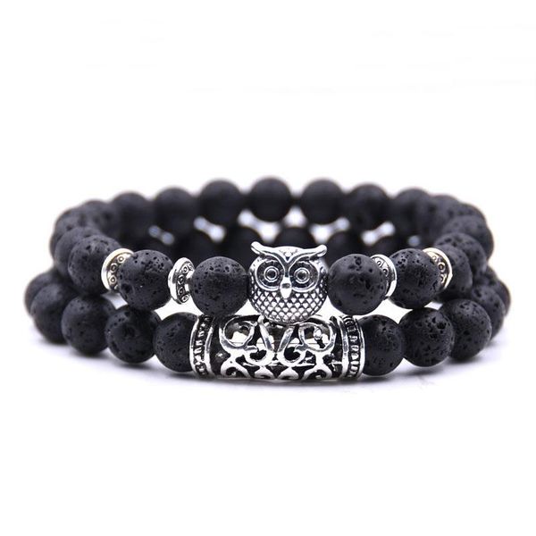 Heißer Verkauf 2 teile/satz Neue eule Lava Naturstein Perlen Herren Armband Schmuck Set Charme armreifen