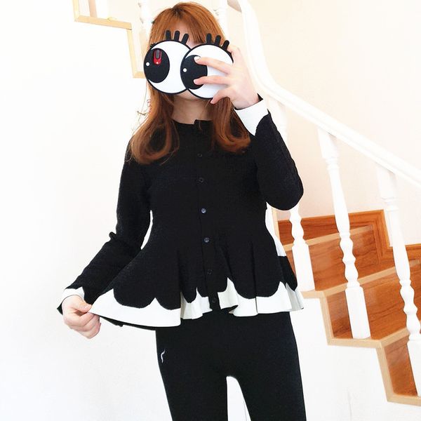 

ewq] 2019 autumn winter new pattern round collar long sleeve single breasted hit colors casual sweater women fashion tide ah625