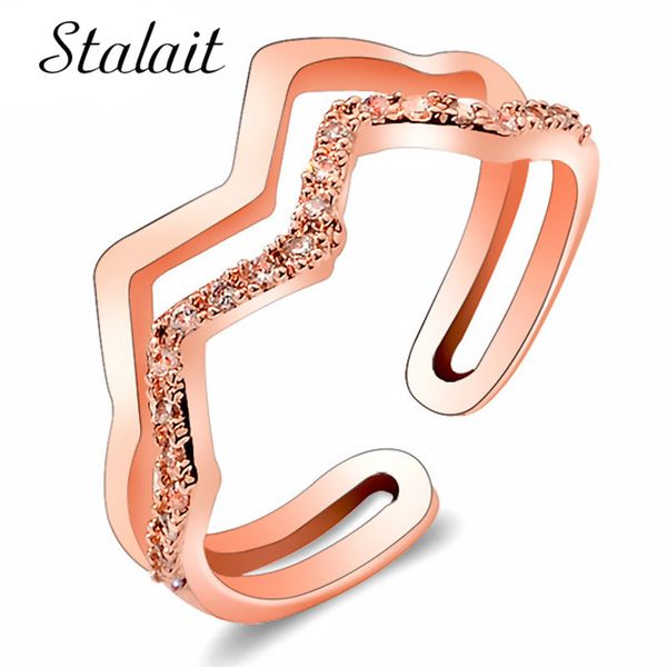 

exquisite double layer wave rings rhinstones irregular curve female fashion copper inlaid zircon open ring with stone, Slivery;golden