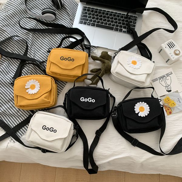 

harajuku daisy flower canvas bag women casual yellow white black small cellphone wallet handbag student messenger bag