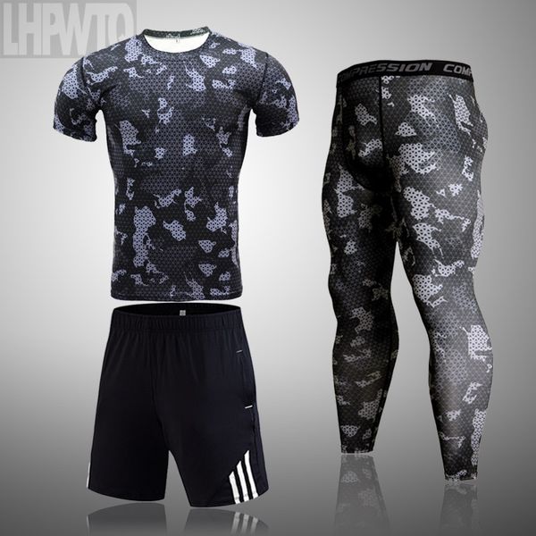

sport shirt men tees running leggings mens gym t shirt fitness jersey quick dry fit compression sportswear 3pcs/set, Black;blue