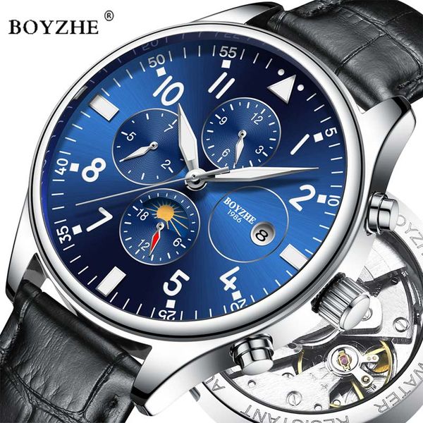 

boyzhe mens automatic mechanical watch fashion casual leather moon phase luminous sports watches relogio masculino, Slivery;brown