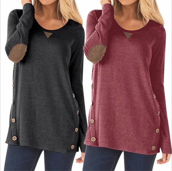 

Candy Color Womens Designer Tshirts Buttons Patch O Neck Long Sleeve Womens Tops Autumn Female Clothing