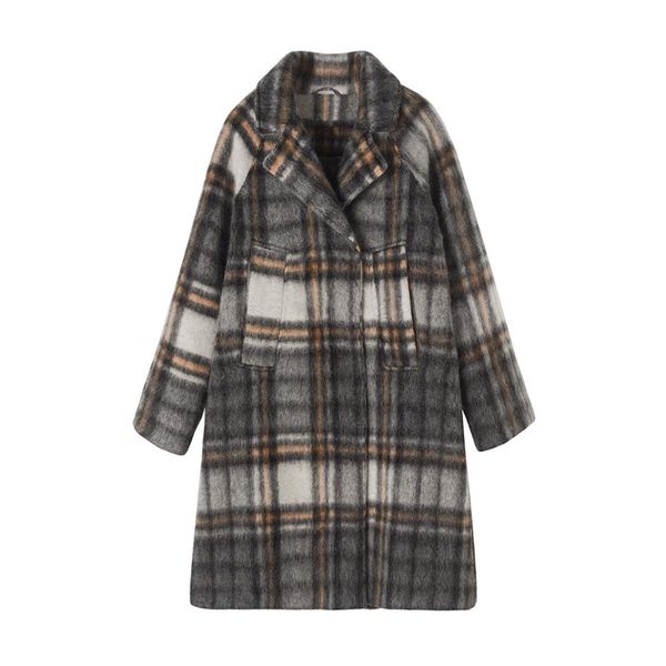

new designer luxury wool blend coat women turn down collar plaid print female england style slim long mohair wool coat outerwear, Black