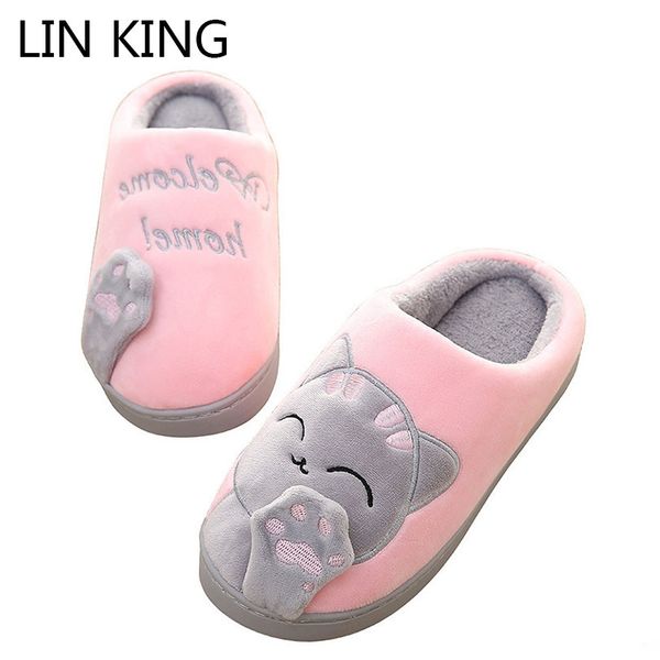 

lin king women winter home slippers cartoon cat shoes non-slip soft warm house slippers indoor bedroom lovers couple floor shoes, Black