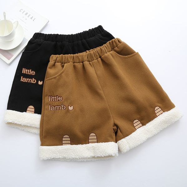 

sweet little lamb embroidery women's casual woolen shorts elastic waist ruffles shorts color black khaki students, White;black
