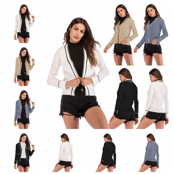 

autumn new coat fashion v-neck color matching knit cardigan long-sleeved button short small sweater, support mixed batch, White