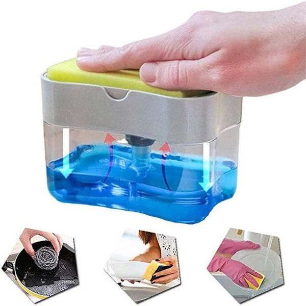 

outdoor gadgets plastic 2-in-1 sponge box with soap dispenser double layer kitchen scrubber holder case wj608